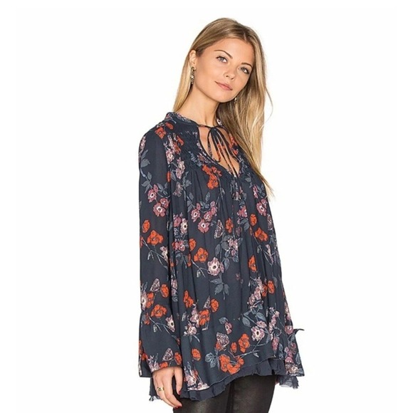 Free People Tops - Free People Pebble Crepe So Fine Smocked Tunic Top Size Large Floral Blue Red